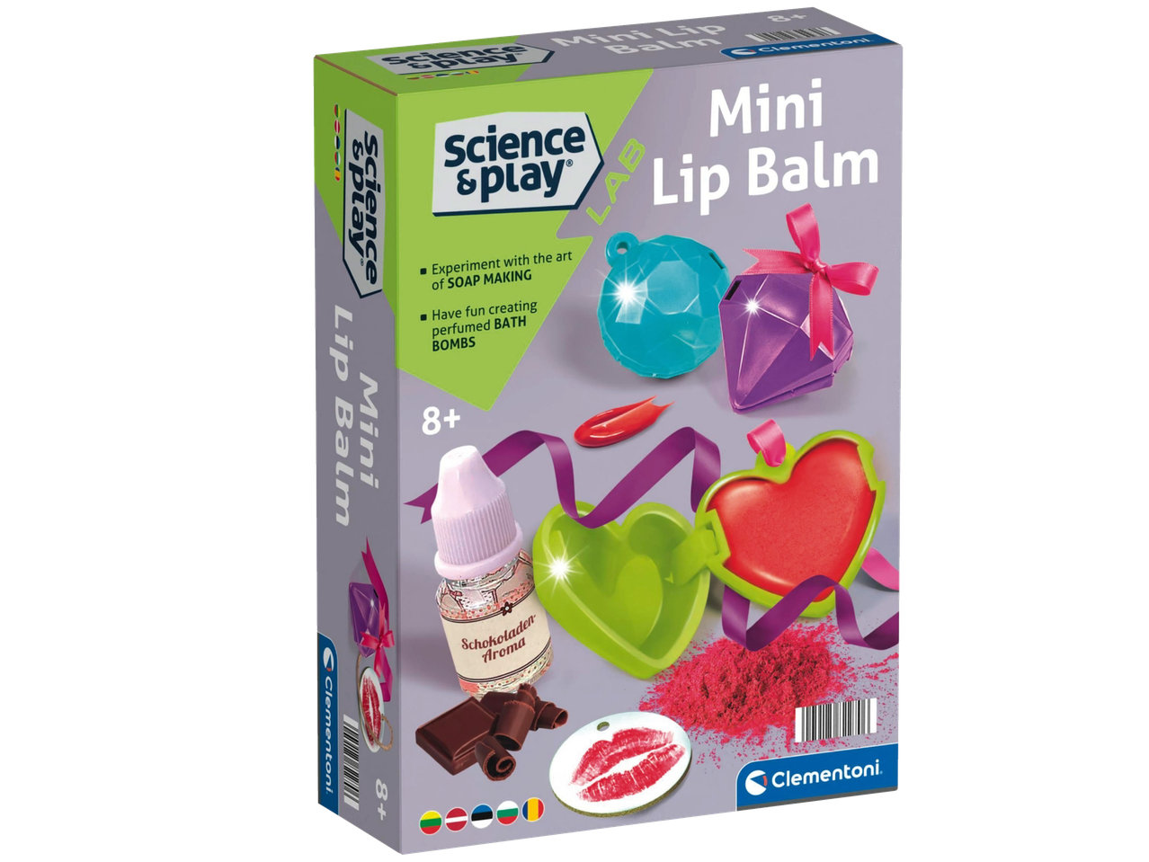 Science & Play Mini lūpu balzama komplekts ar šokolādes aromātu, sirds formām un vannas bumbām.