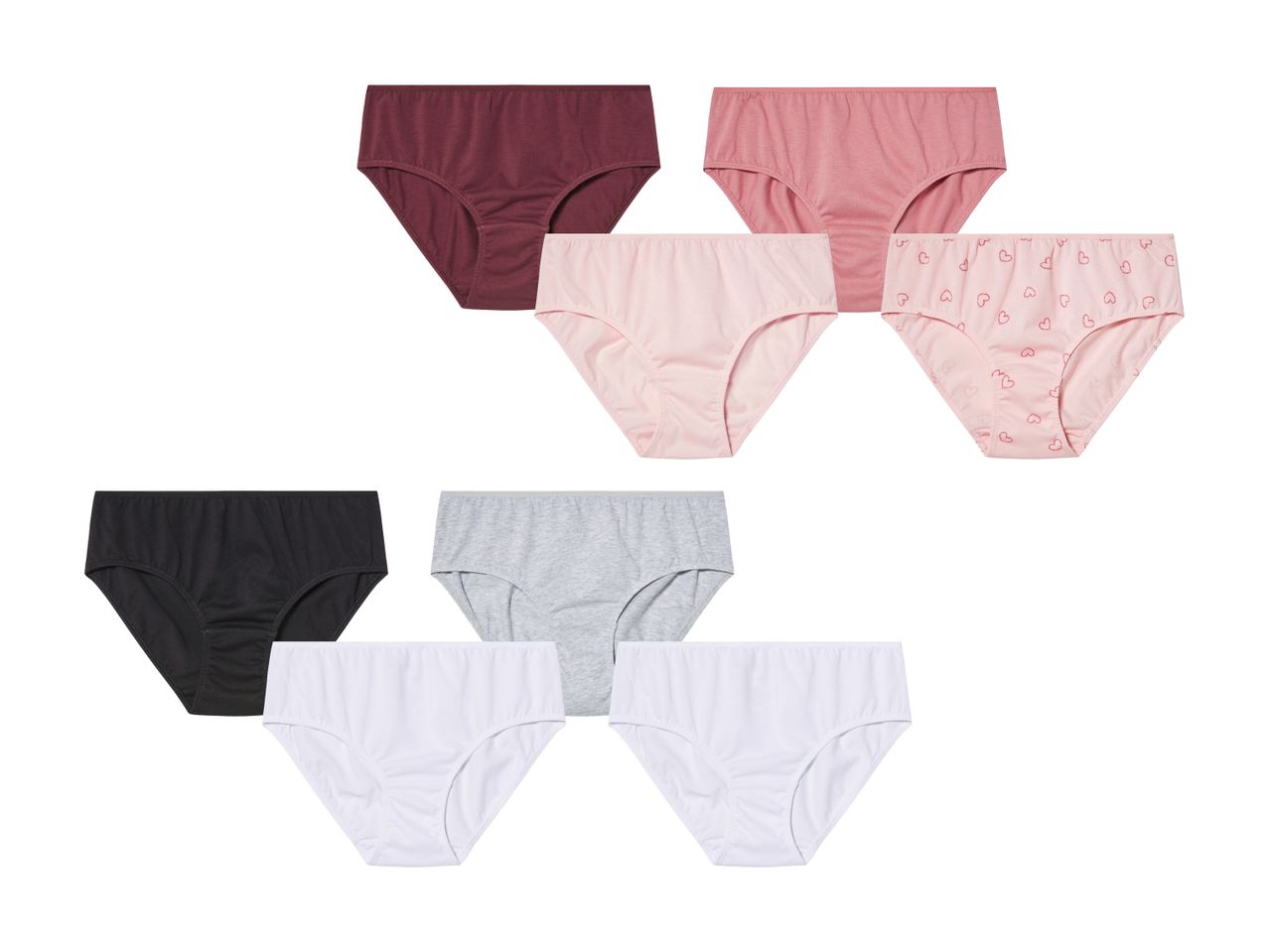Sechs Damen-Slips in verschiedenen Farben und Mustern.