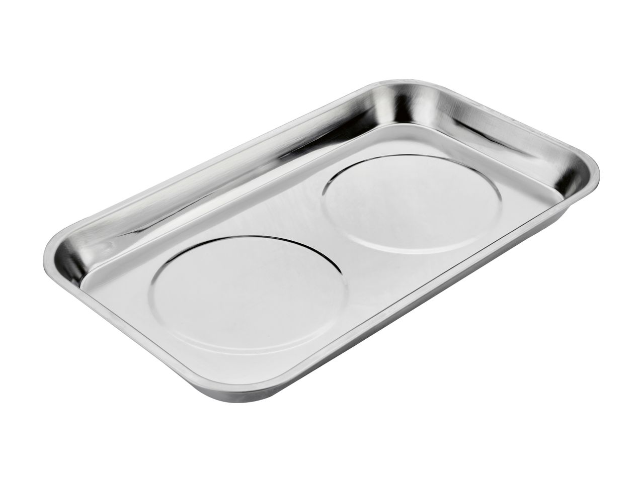 Stainless steel rectangular tray with two circular indentations