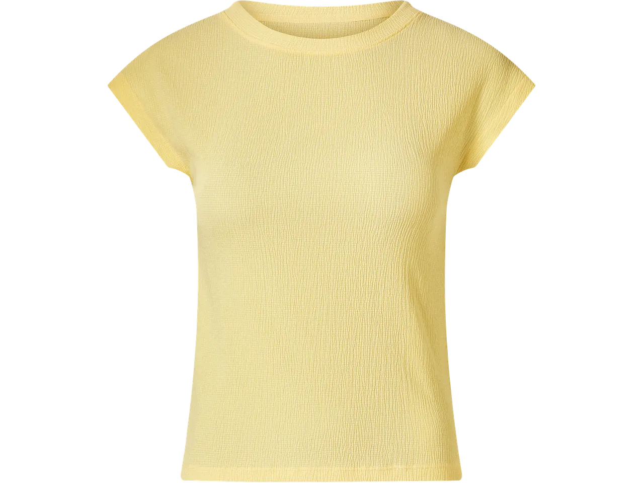 Sárga, rövid ujjú női póló, kreppelt anyagból.