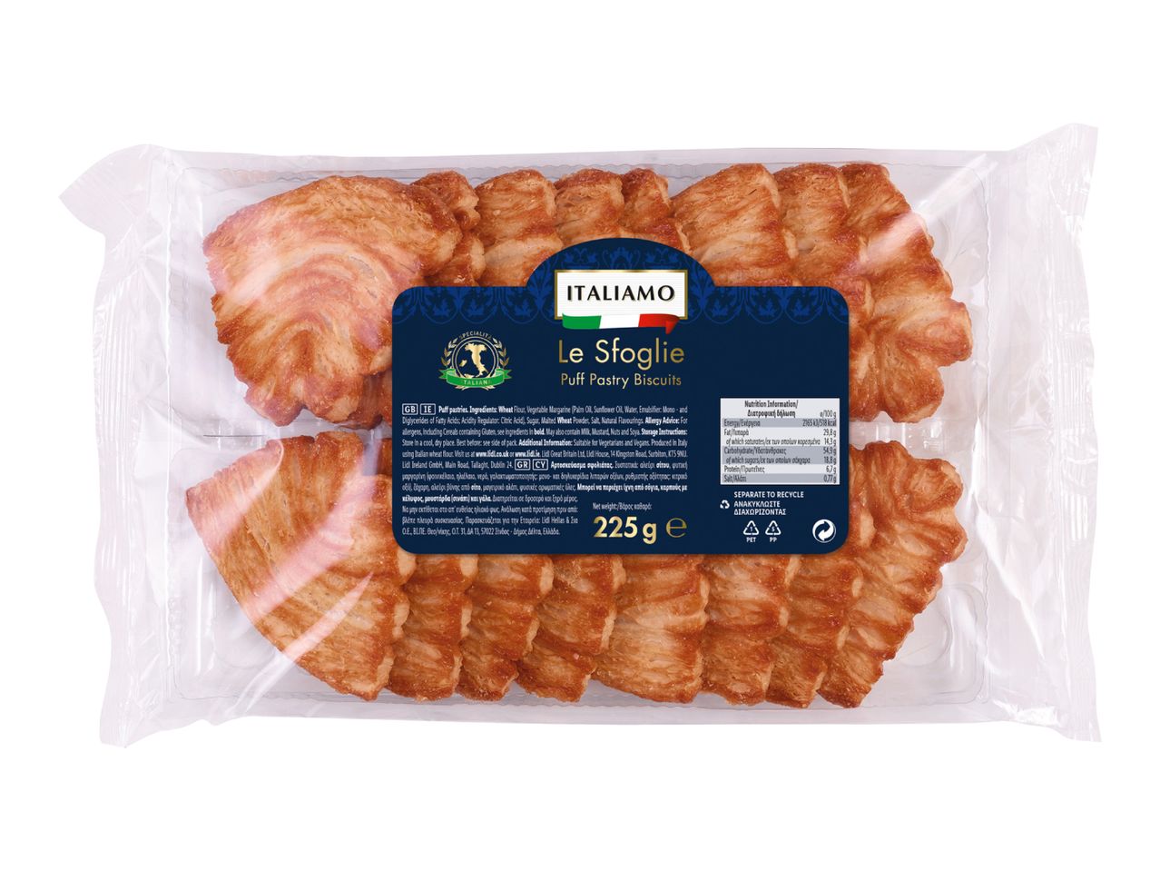Puff pastry biscuits in clear packaging with a blue label showing nutritional information.