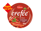 Rød rund pakke med blød ost med rød peber og chili, 150g, med et rødt mærke 