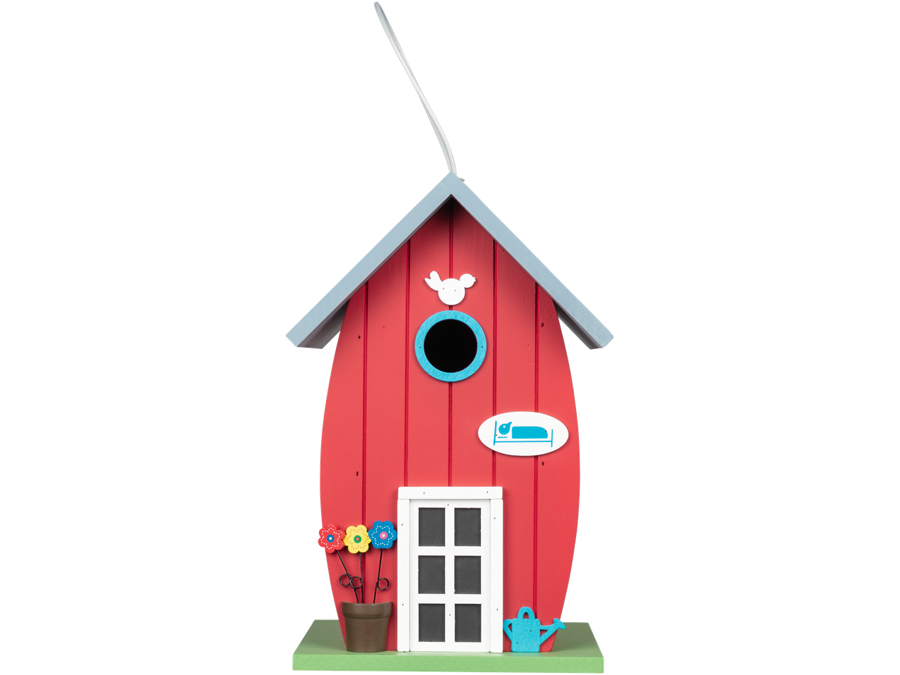 Red birdhouse with flowers and decorative details.