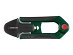 Green and black utility knife with a red button, featuring a textured grip and a retractable blade.