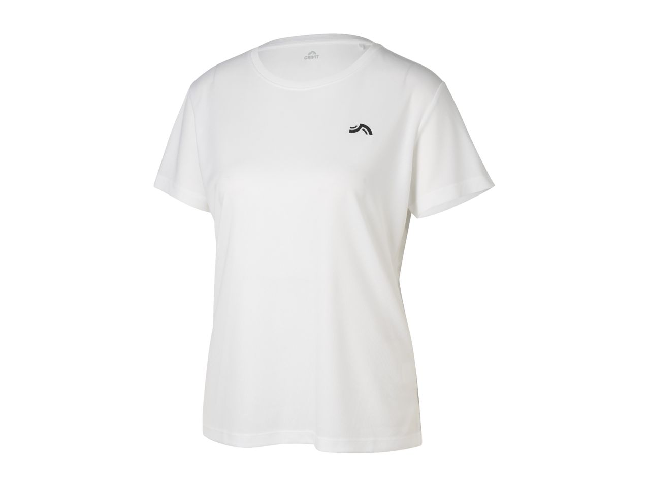 White short-sleeved sports t-shirt with a small black logo on the chest.