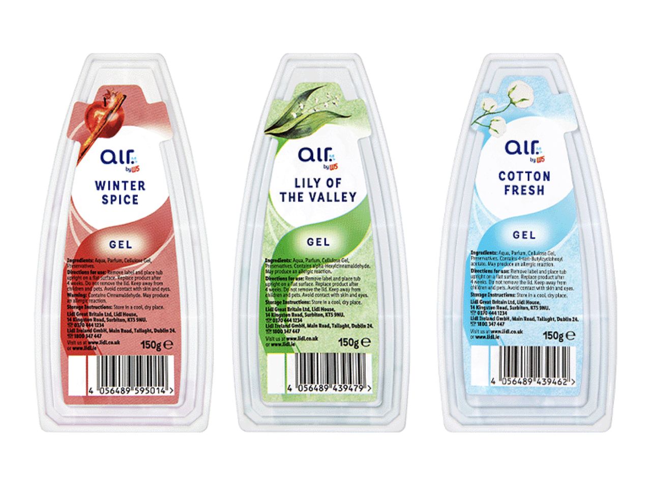 Three Air by W5 gel air fresheners in Winter Spice, Lily of the Valley, and Cotton Fresh scents, 150g each.