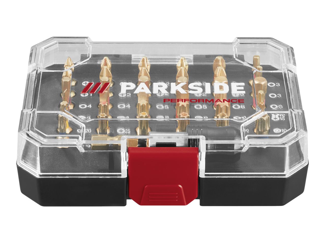 Screwdriver bit set in a clear case with red clasp, featuring various gold-colored bits.