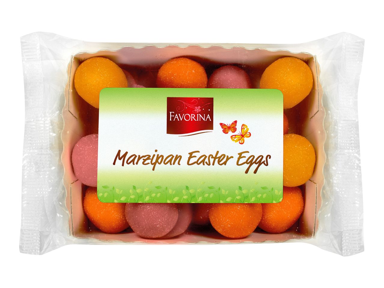 A package of colorful marzipan Easter eggs in orange and pink, with a green label.