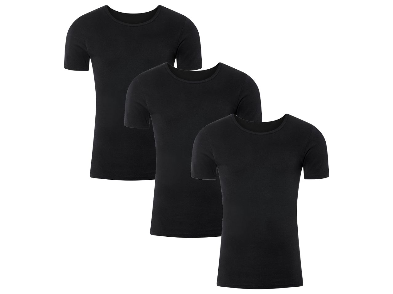 Three black short-sleeved t-shirts arranged diagonally