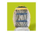 Open yellow suitcase with blue straps and a playful forest-themed lining.