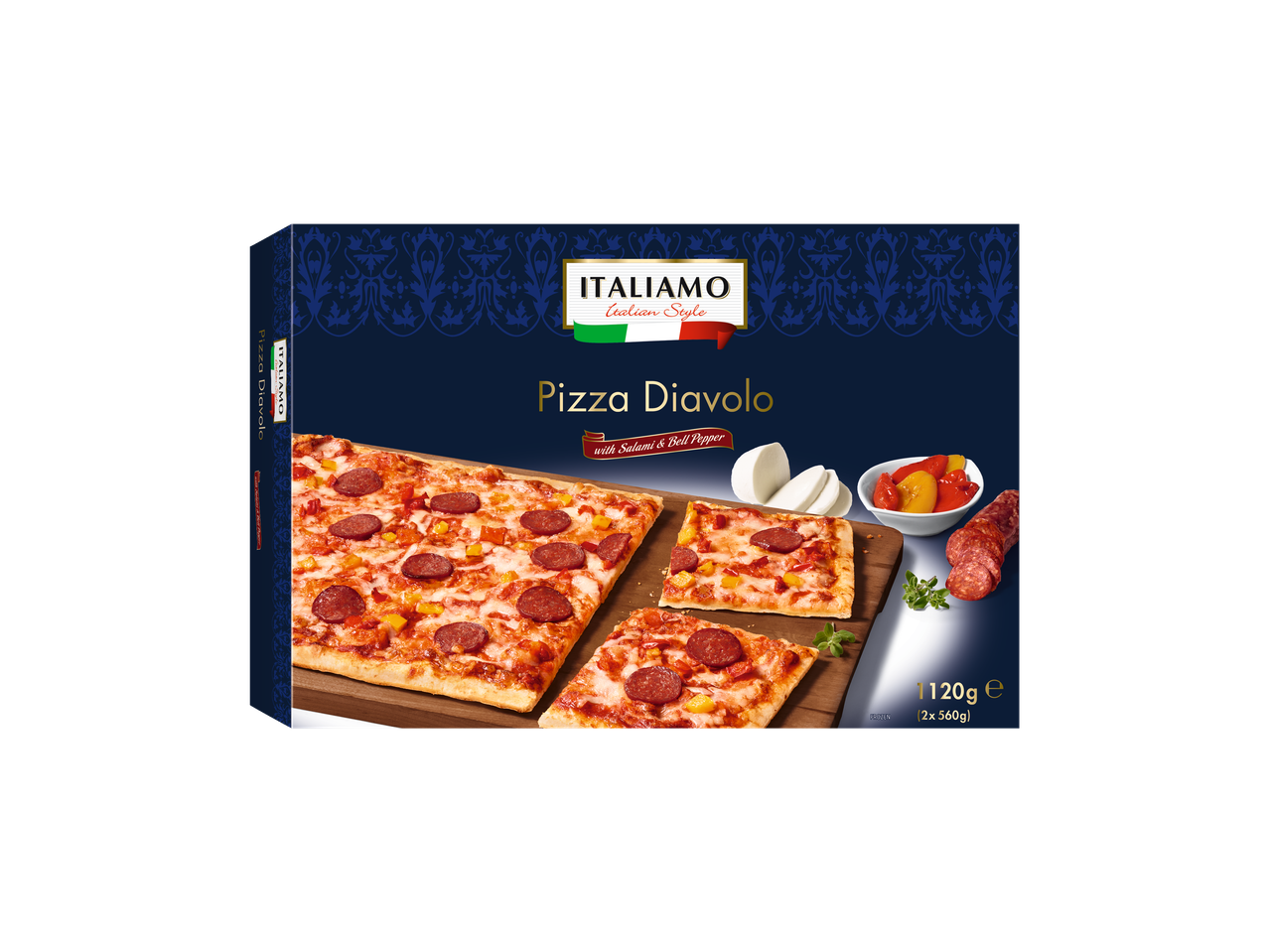 Pizza Diavolo Italamo, estilo italiano, congelada, com salame e pimentão.