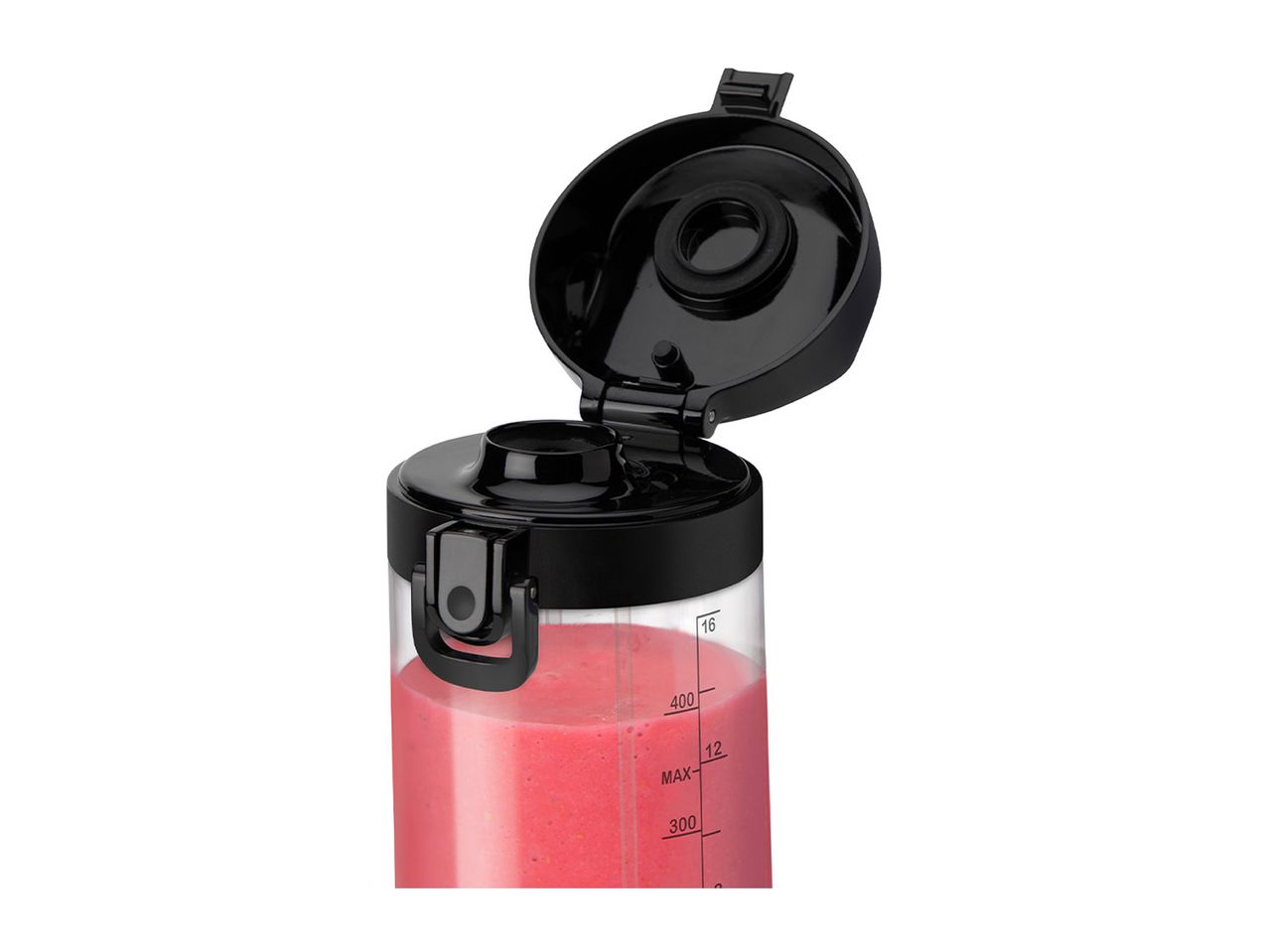 A close-up shows a black lid opening on a clear plastic blender bottle with pink liquid inside.