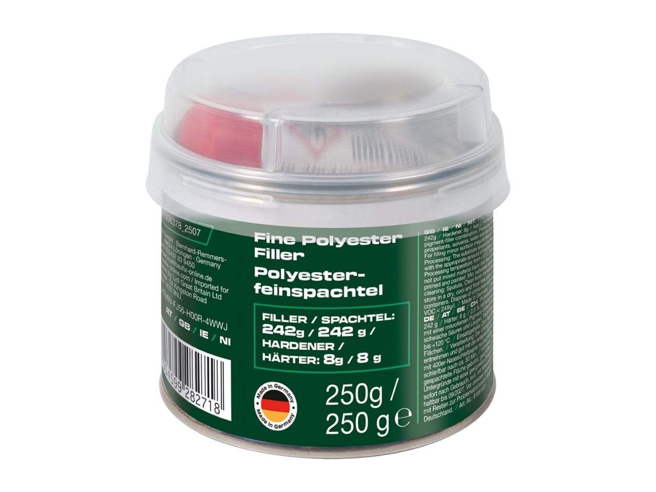 Fine polyester filler for repairs, 250g, with instructions in multiple languages.
