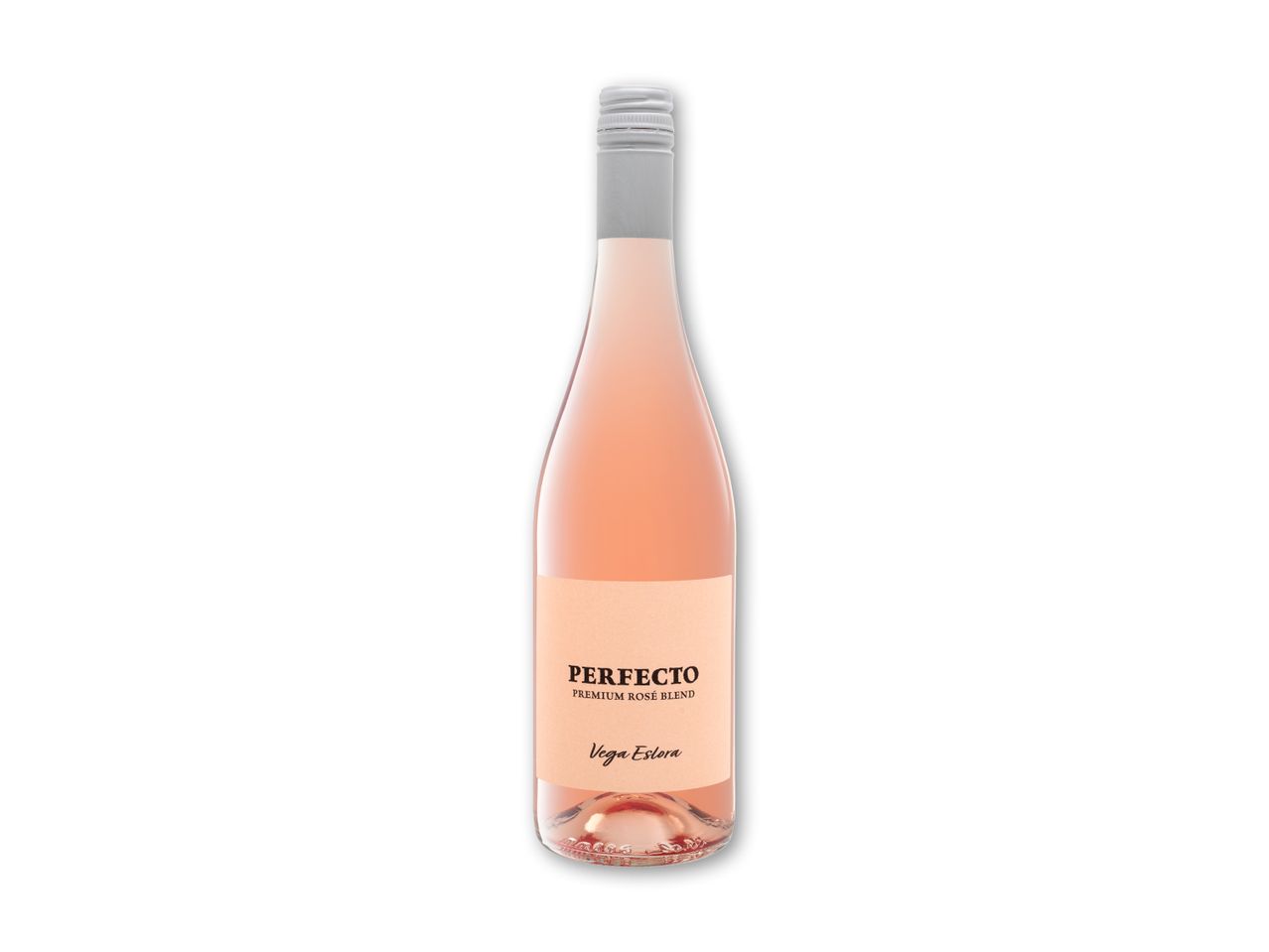 En flaske rosévin med en lyserød etiket, der læser 'PERFECTO PREMIUM ROSÉ BLEND' og 'Vega Eslora'.