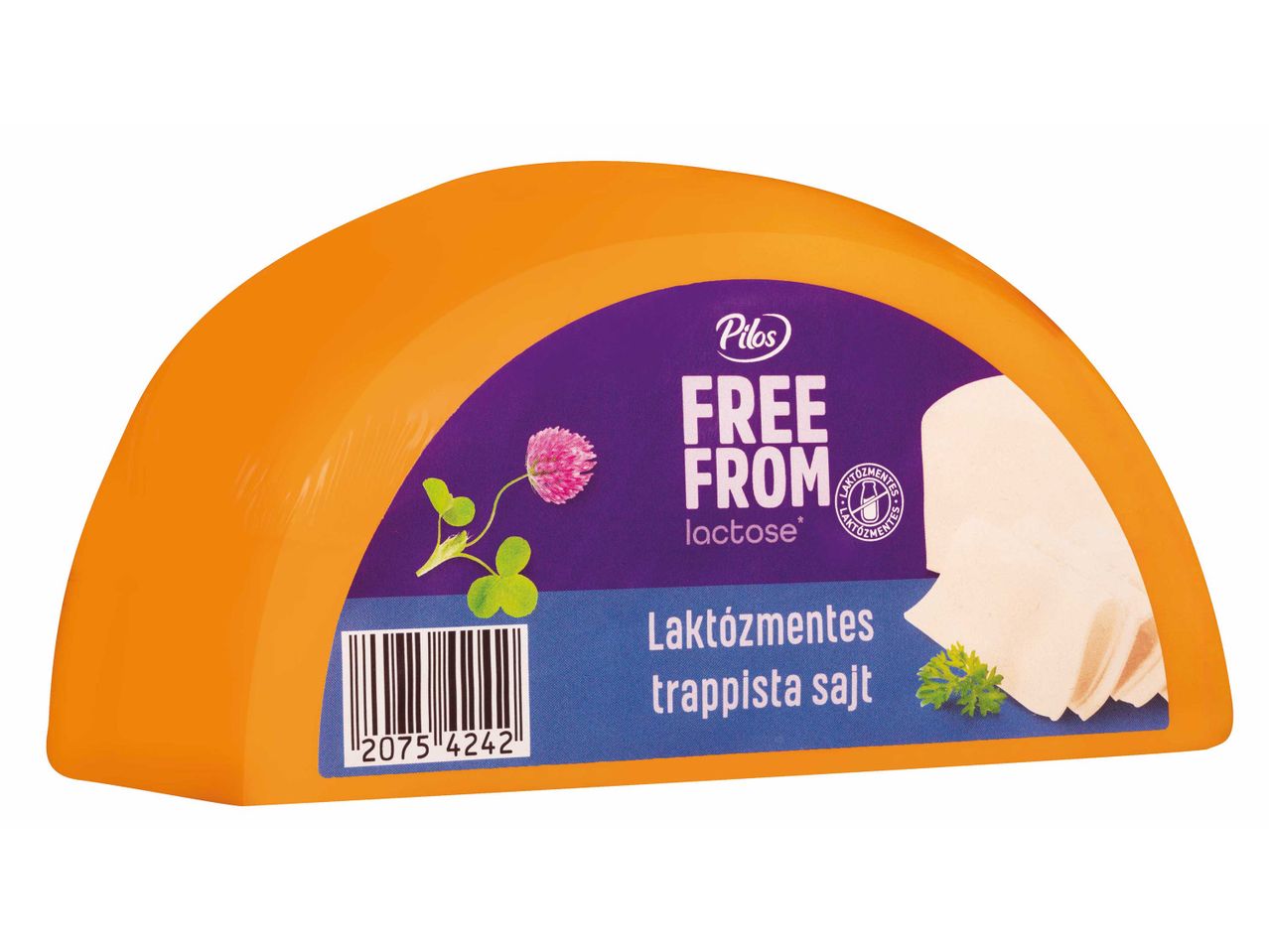 Pilos laktózmentes trappista sajt, narancssárga csomagolásban, lila címkével.