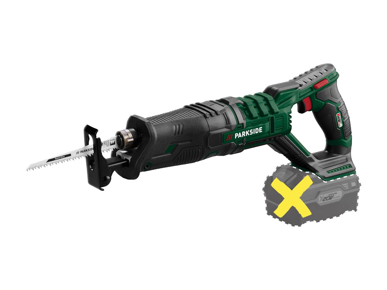 A green and black cordless reciprocating saw with a white blade, shown without a battery.