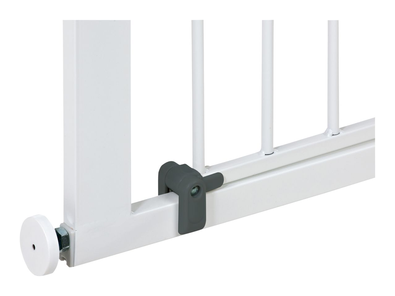 Close-up of a white baby gate with a gray latch mechanism.