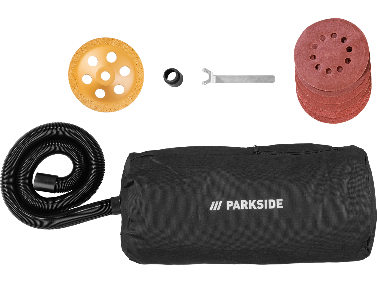 Аксесоари за шлайфмашина за стени и подове Parkside®: шлифовъчни дискове, шлифовъчен диск, ключ, торба за прах и маркуч.