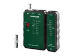 Cable tester master and remote units with BNC, RJ11, and RJ45 ports, plus a BNC adapter.