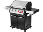Three-burner gas grill, stainless steel and black.