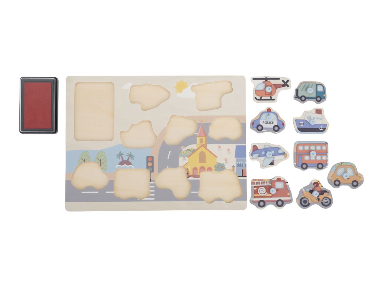 Wooden puzzle board with a city scene and various vehicle pieces like a helicopter, police car, and fire truck.