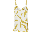 Uma camisola branca de linho com estampa de folhas amarelo-esverdeadas, vista por trás.