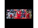 A long mouse pad featuring various comic book characters, including Spider-Man and villains.