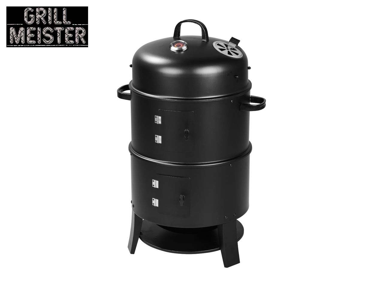 Black outdoor smoker and grill with a thermometer and adjustable air vent.