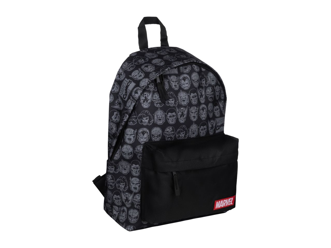 Black backpack with a pattern of comic book character faces and a red logo on the front pocket.