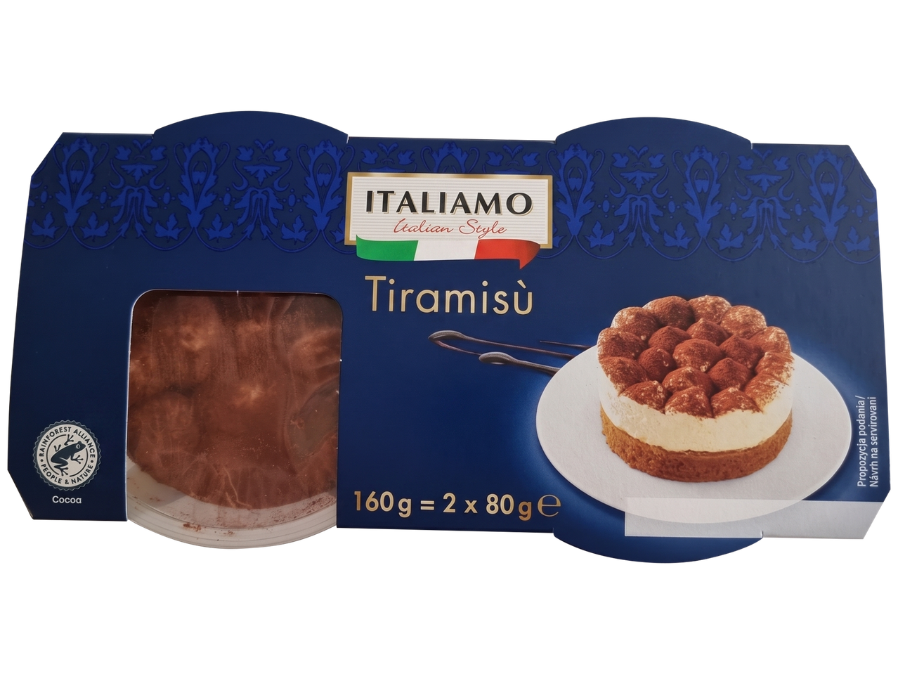 Boîte de tiramisu de style italien avec deux portions individuelles, 160g au total.