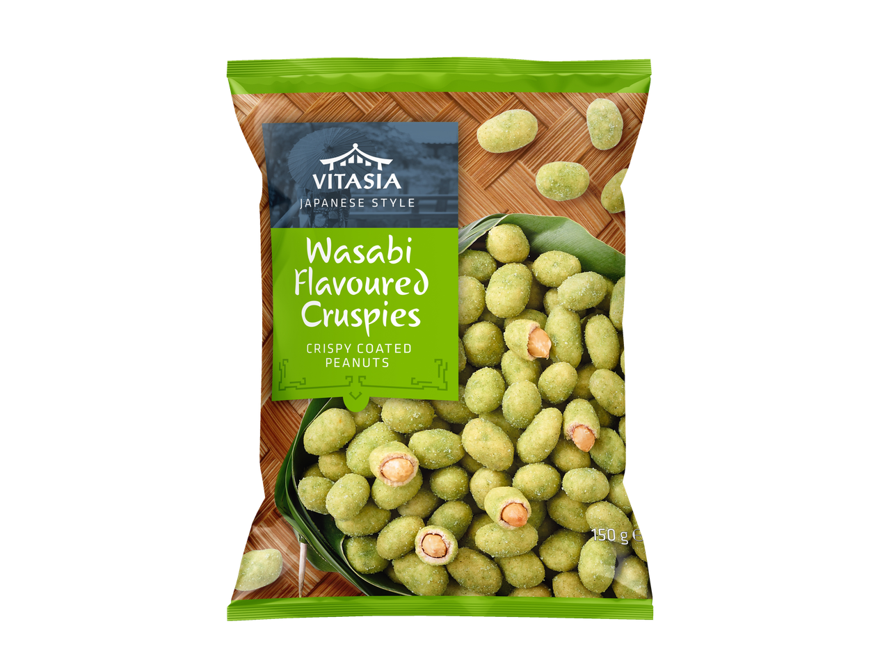 Vitasia Wasabi Flavoured Crispies: crispy coated peanuts with wasabi flavour.