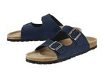 Pair of navy blue suede sandals with two adjustable straps and cork soles.
