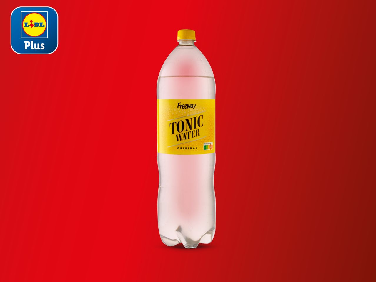 Bočica Freeway tonika s oznakom Lidl Plus na crvenoj pozadini.