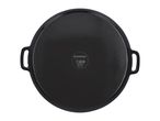 Black round cast iron pan with two handles, viewed from the bottom, showing cooking symbols.