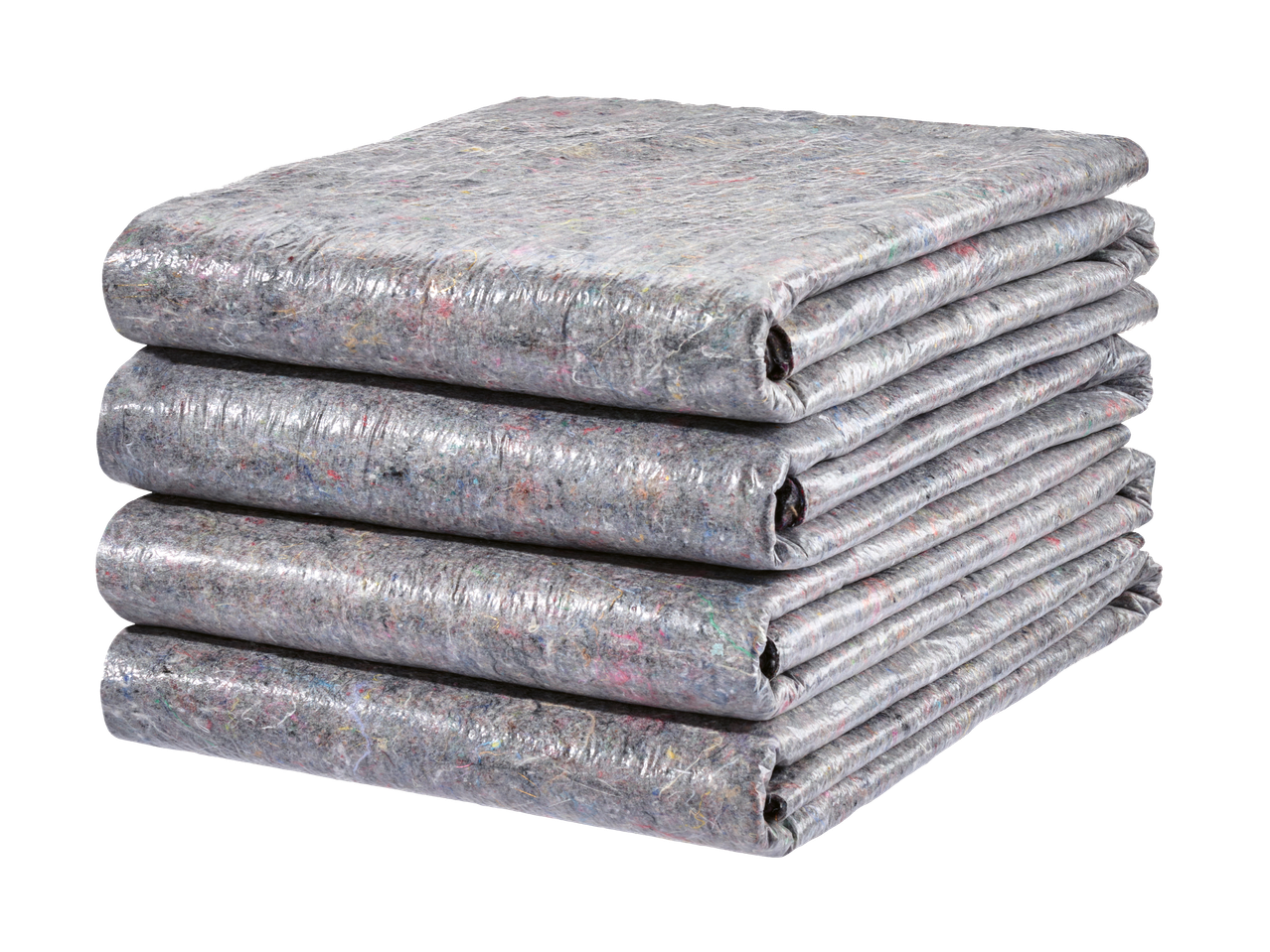 Piecu pelēku pārvietošanas segu kaudze, katra atsevišķi iesaiņota caurspīdīgā plēvē.