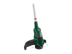 Cordless grass trimmer with a green and black body, silver shaft, and red accent.