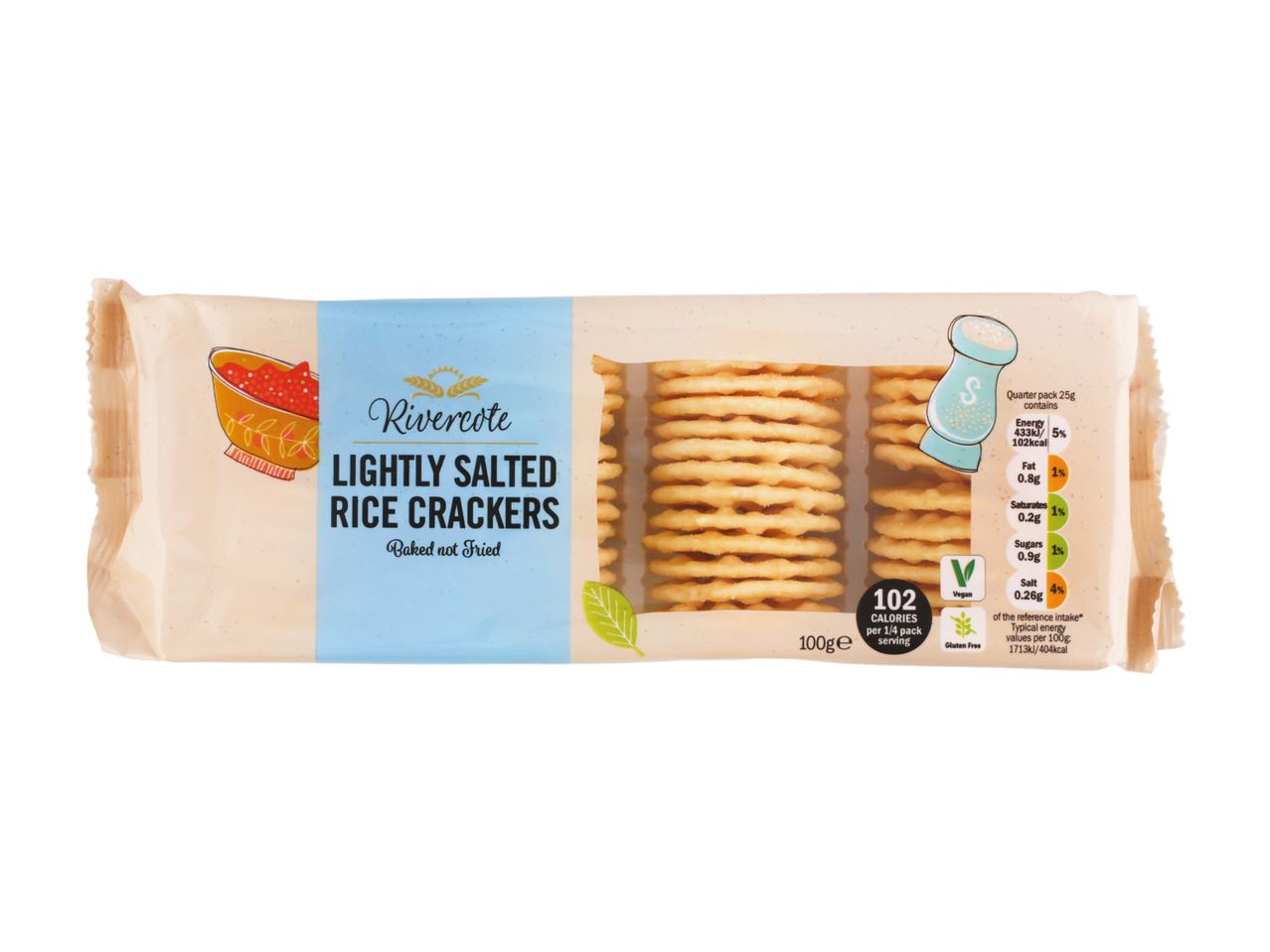 Rivercote Lightly Salted Rice Crackers, a 100g pack of baked, not fried, vegan and gluten-free crackers.