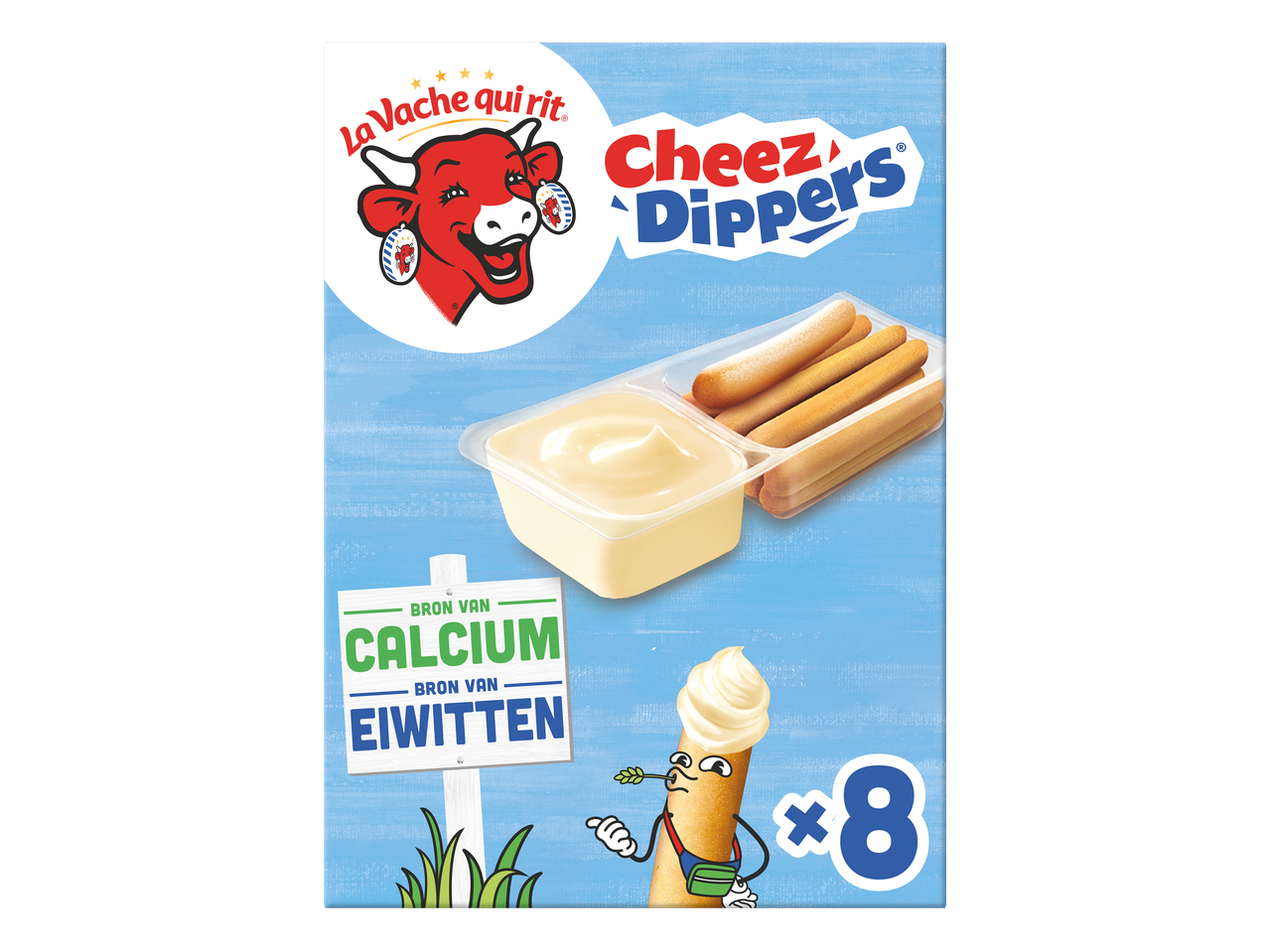 Verpakking met 8 porties kaasdip en broodstengels, met claims voor calcium en eiwitten.