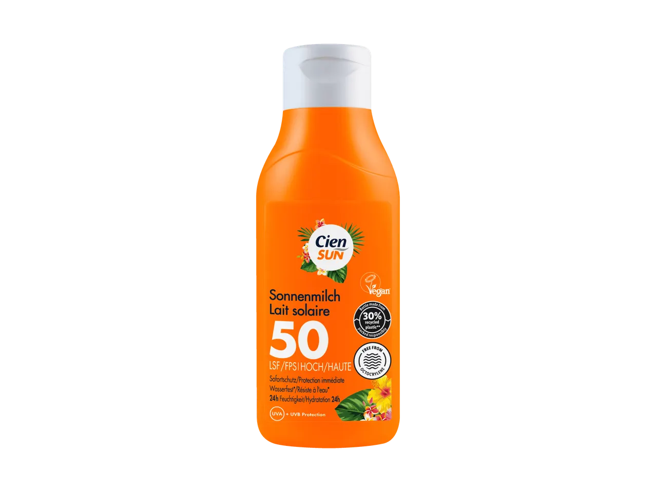 Lozione solare arancione con SPF 50, protezione immediata, resistente all'acqua e idratazione 24h.