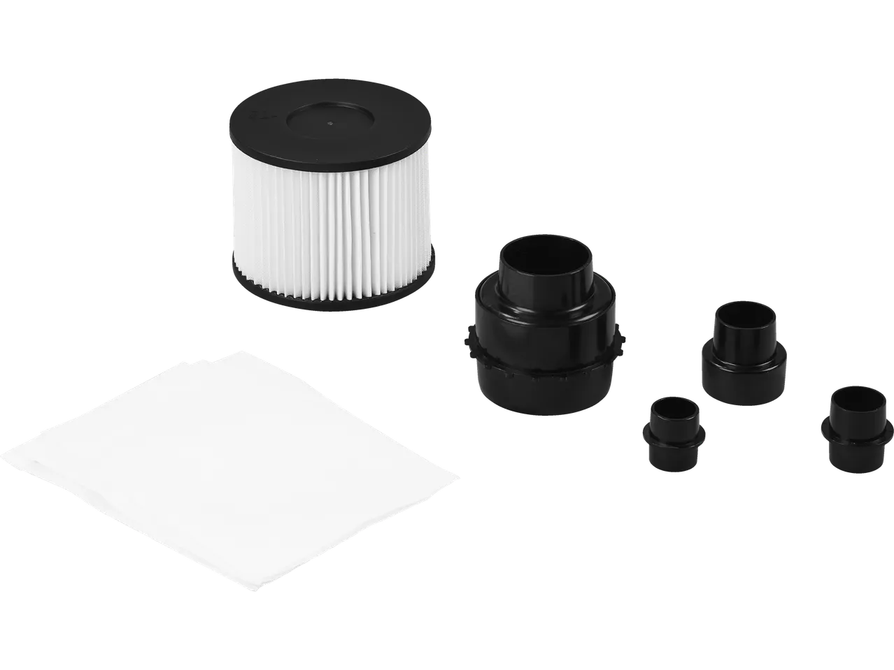 Vacuum cleaner filter, dust bags, and various plastic connectors.