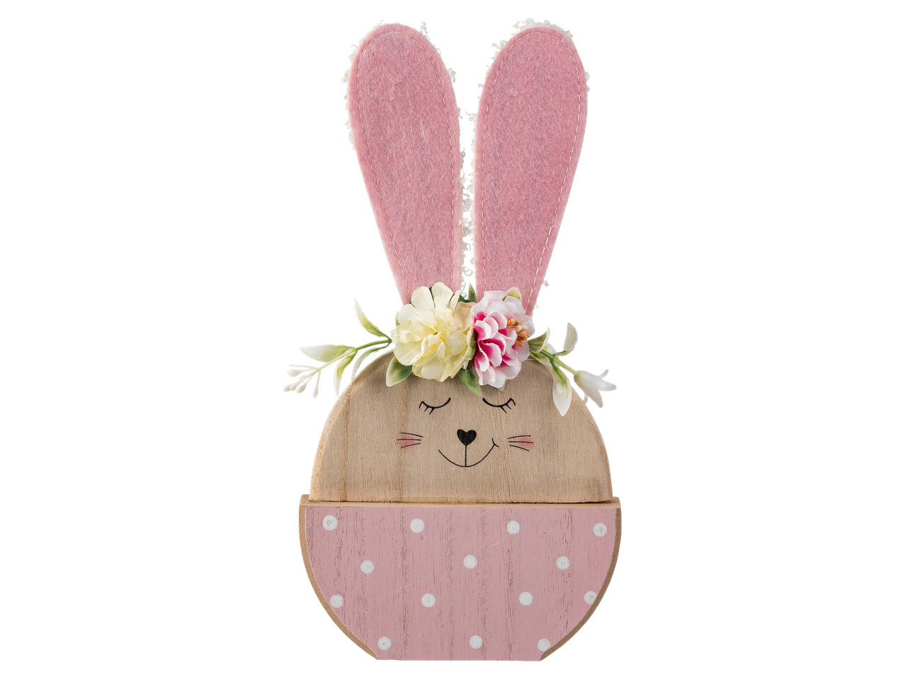 Puuast lihavõtteküülik roosade kõrvade ja lilledega.