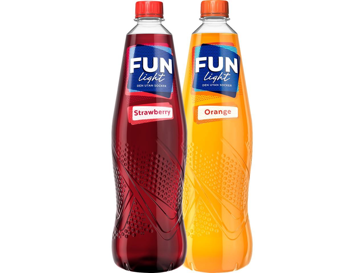 Två flaskor Fun Light-saft, en med jordgubbssmak och en med apelsinsmak.