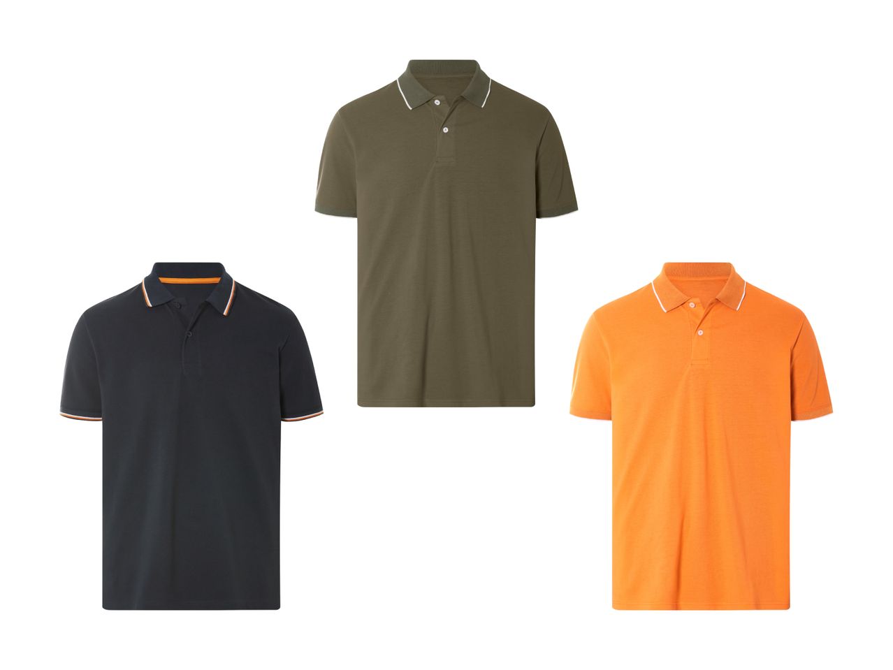 Drei Kurzarm-Poloshirts in verschiedenen Farben: Khaki, Marineblau und Orange.