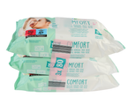Três pacotes de toalhitas húmidas Comfort para bebé, 80 unidades cada um.