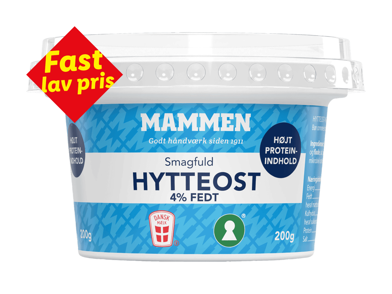 En beholder med hytteost med 4% fedt, mærket 'Fast lav pris' og 'Højt proteinindhold'.