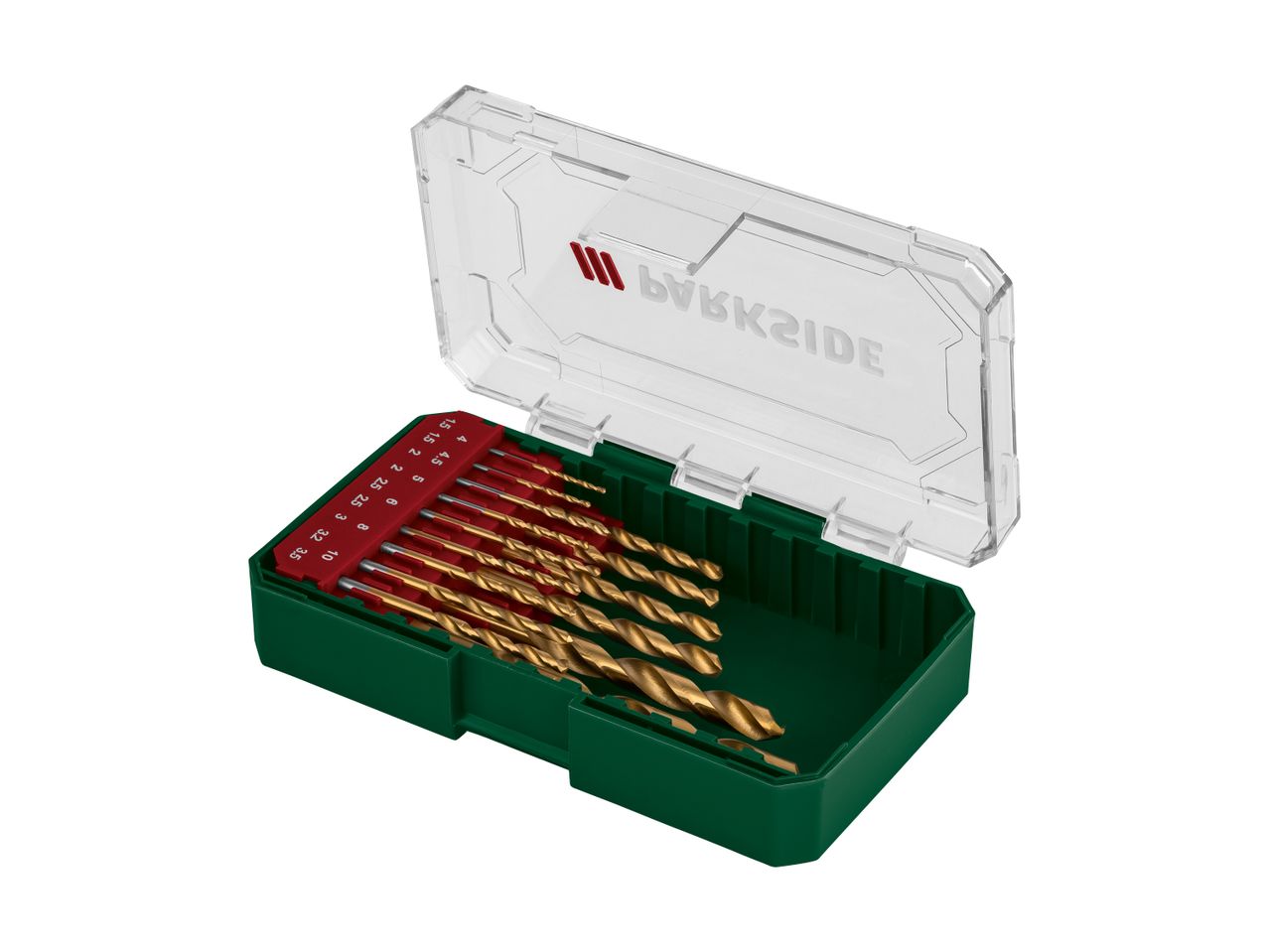 Drill bit set in a green case with a clear lid, showing various sizes of golden drill bits.