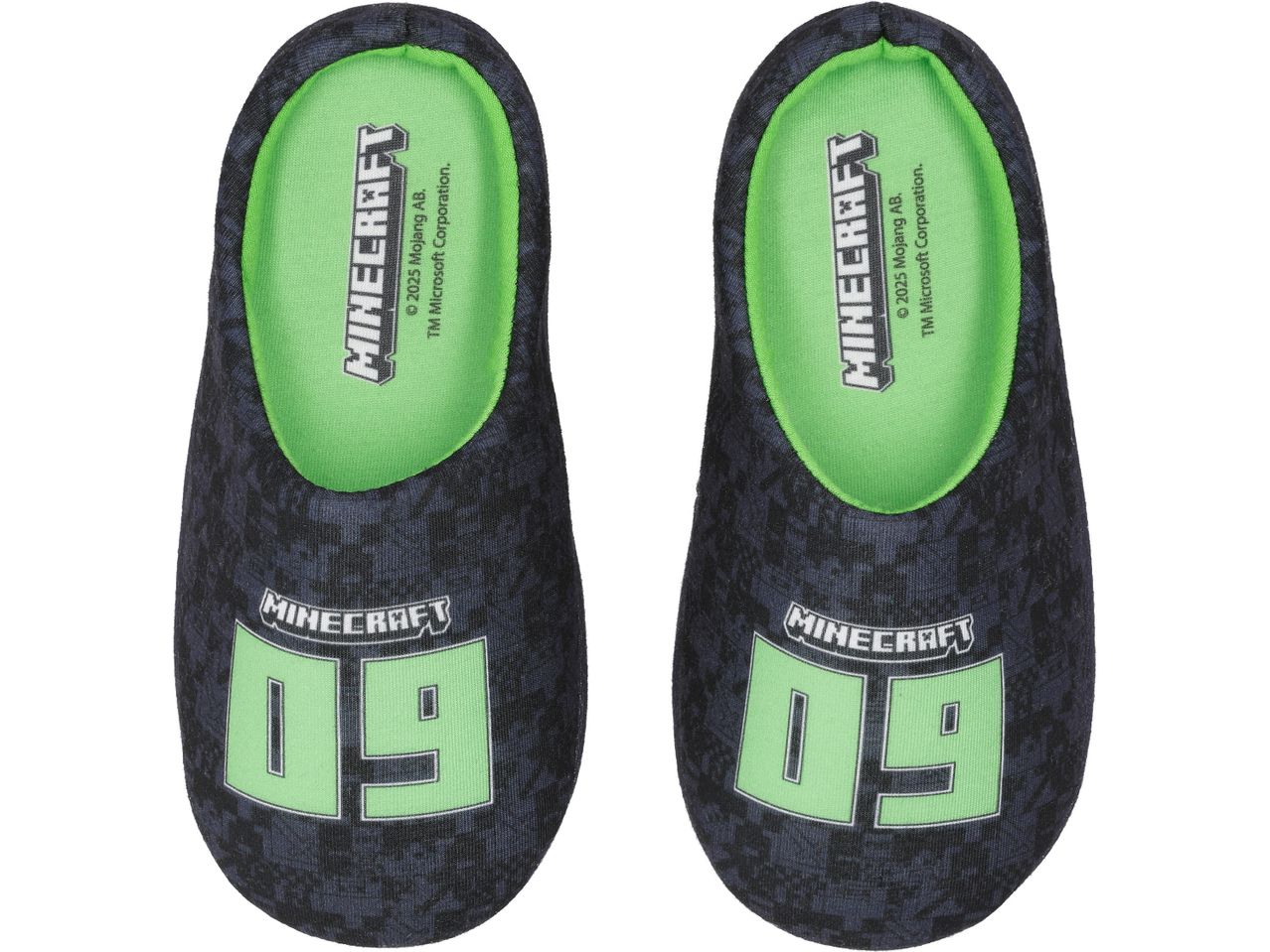 A pair of black and green Minecraft slippers with the number 09 on the toes.