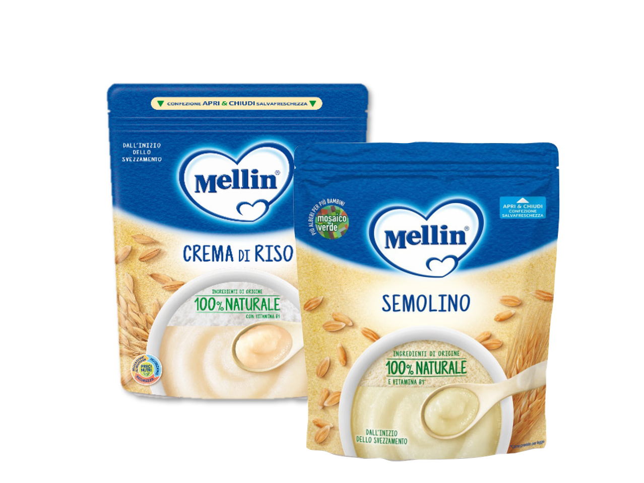 Due confezioni di Mellin Crema di Riso e Semolino, con ingredienti 100% naturali.