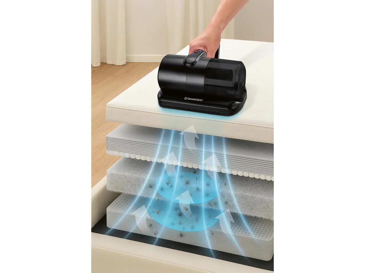 Matractisztító porszívó, amely eltávolítja a port és az atkákat a matracrétegekből.