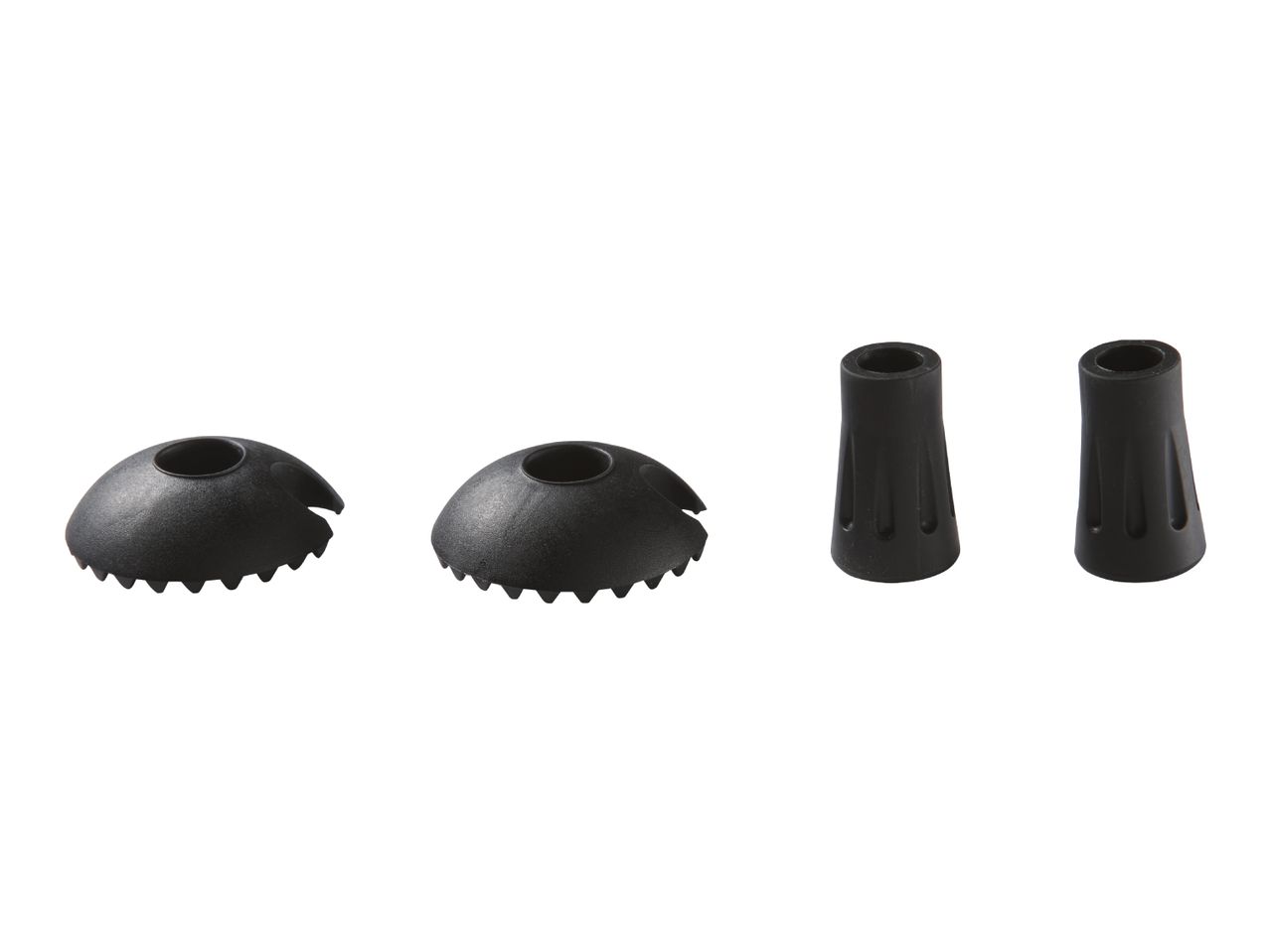 Trekking pole accessories: two rubber tips and two mud baskets.